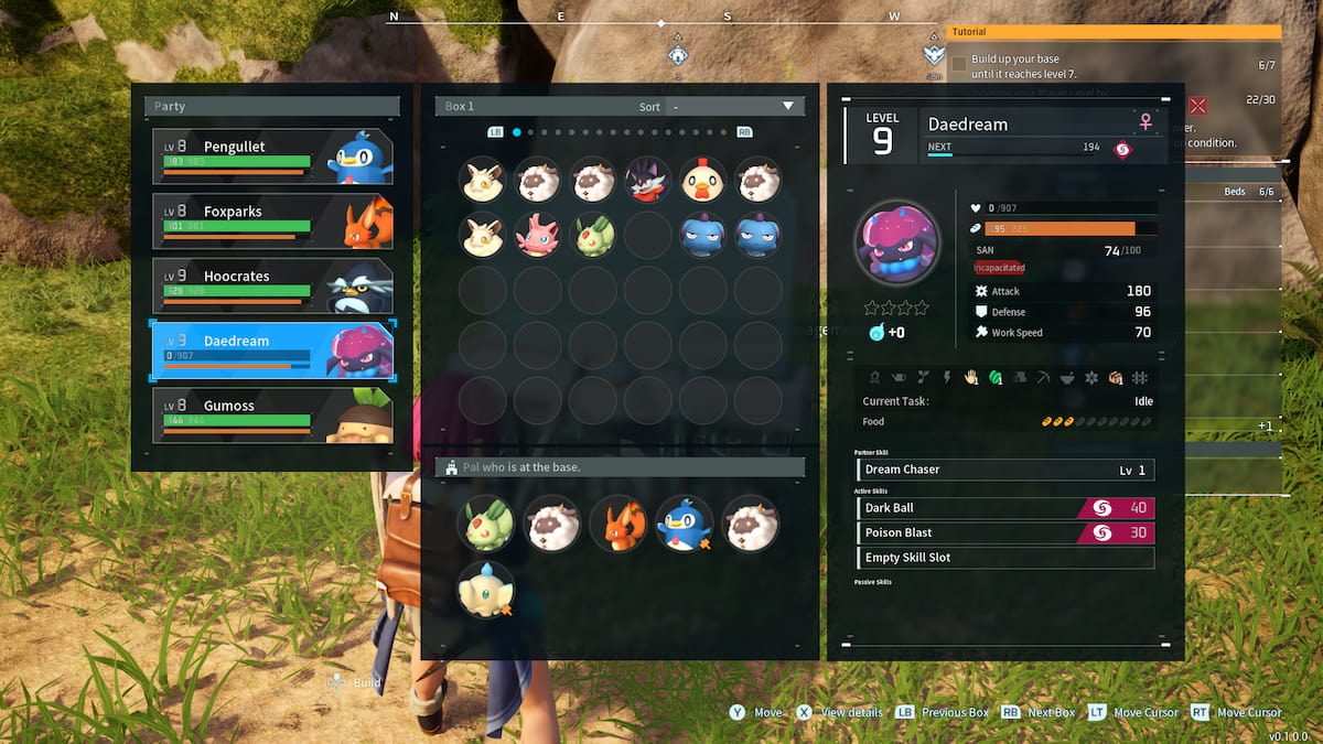 The Palbox screen showing the player's party, base, and Pal inventory.