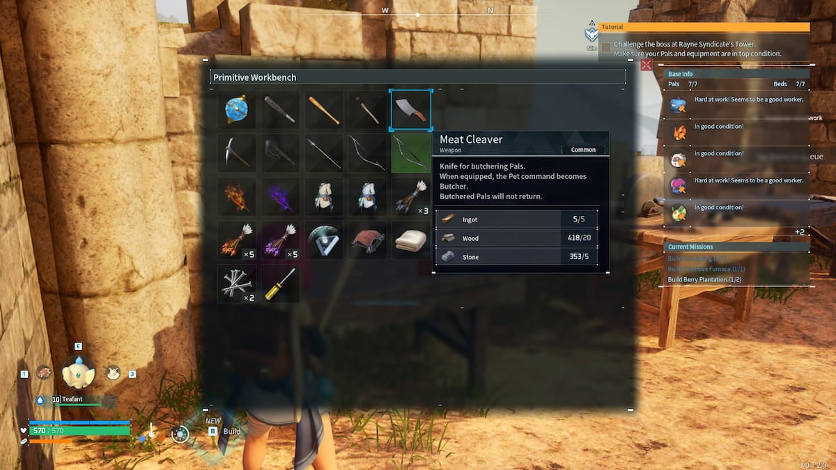 Palworld Item crafting UI, with Cleaver highlighted