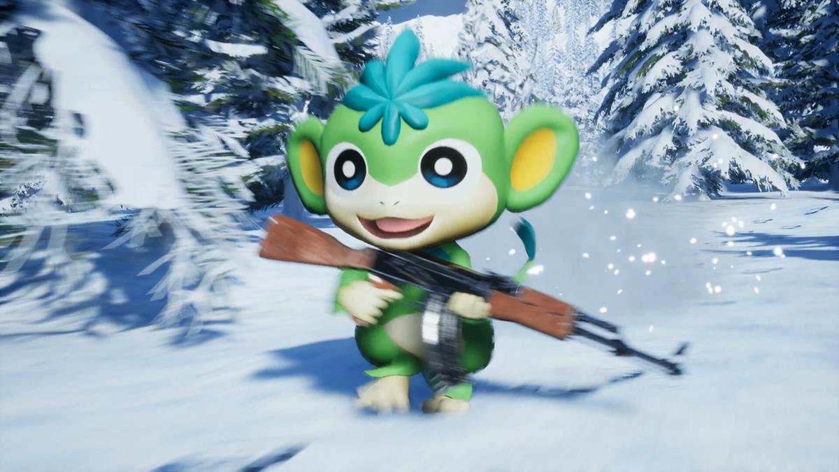 A gremlin-looking green, yellow, and blue Pal holding an assault rifle in iPalworld.