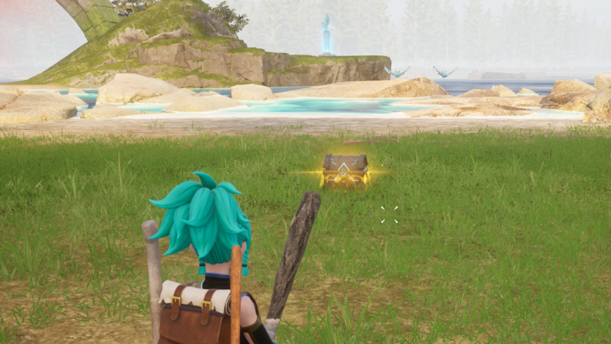 Palworld gold chest on the beach.