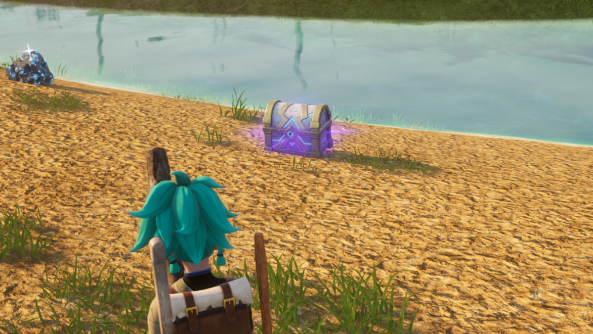 Purple chest in Palworld on a beach.