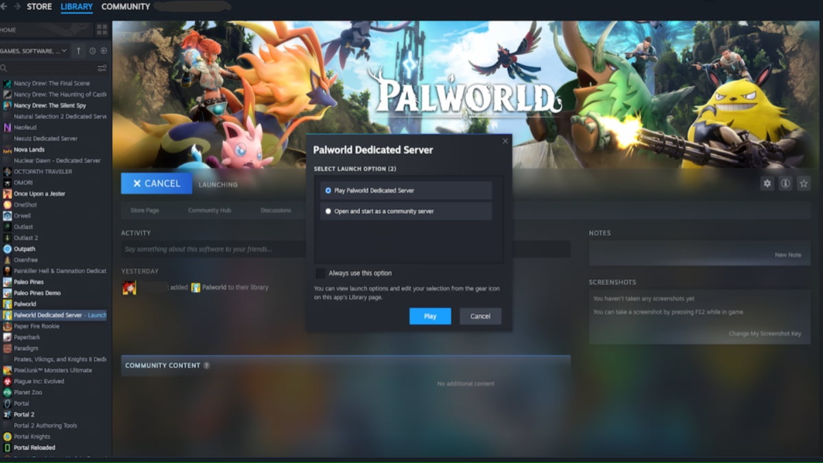 Steam Games Library running Palworld Dedicated Server tool