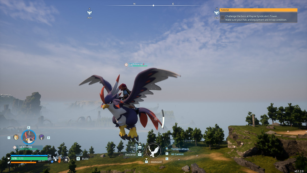 Player riding a Nitewing above Grassy Hills