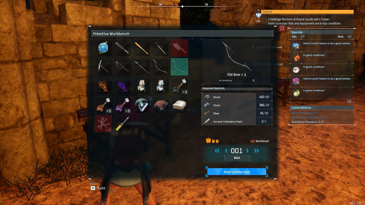Crafting menu with Old Bow selected