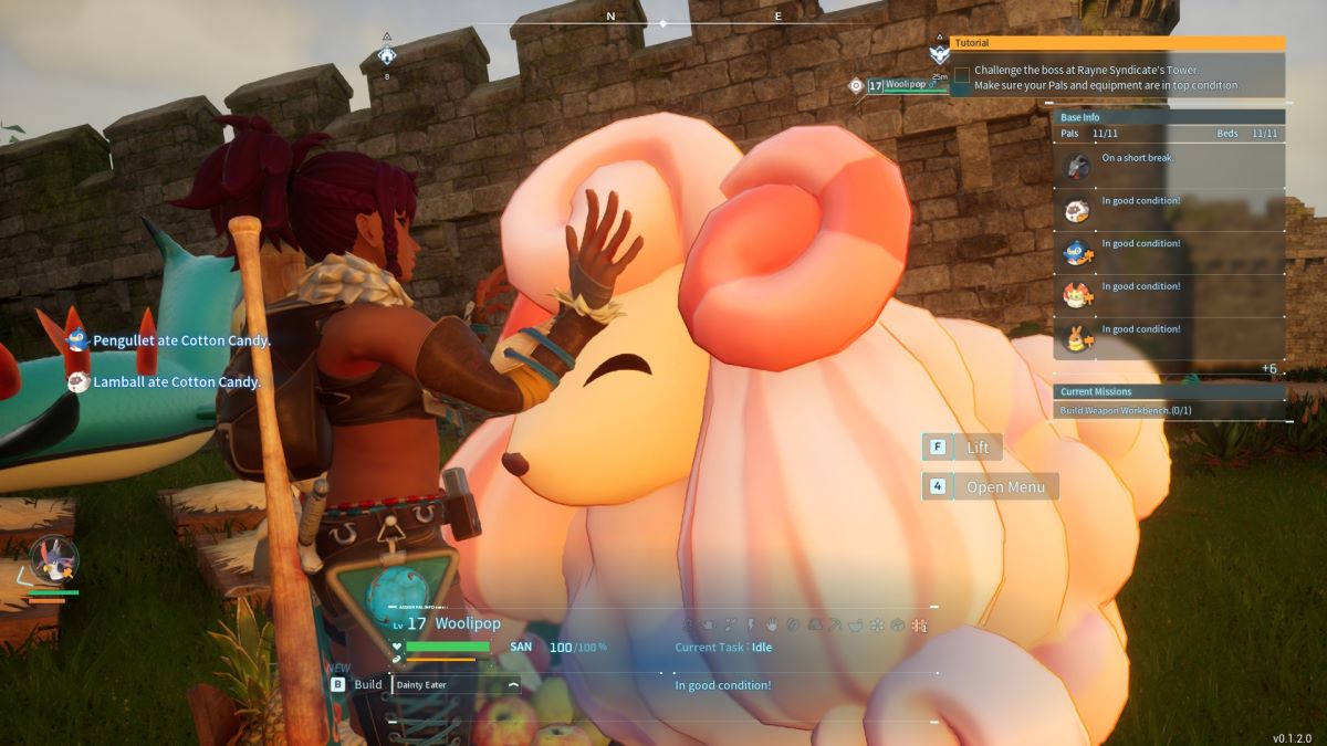 The player petting a cotton candy dog Pal in Palworld