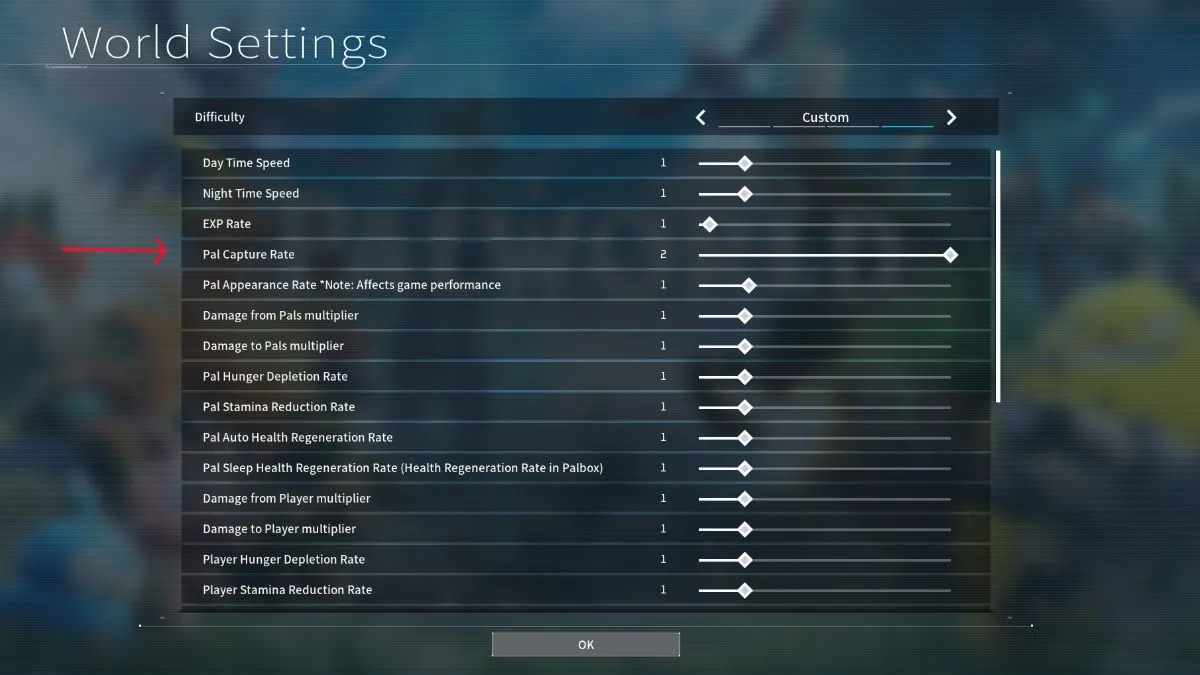 Palworld world settings menu.
