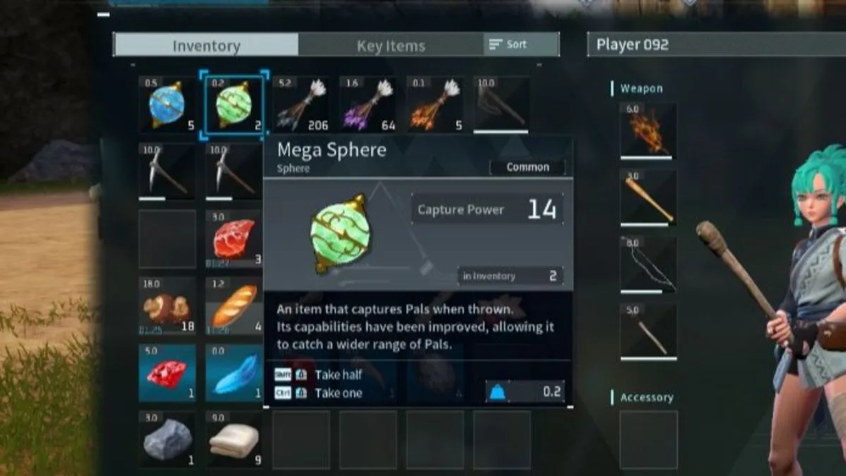 Palworld mega sphere in a character's inventory.