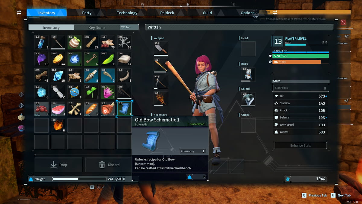 Player inventory ui with tooltip for Old Bow Schematic
