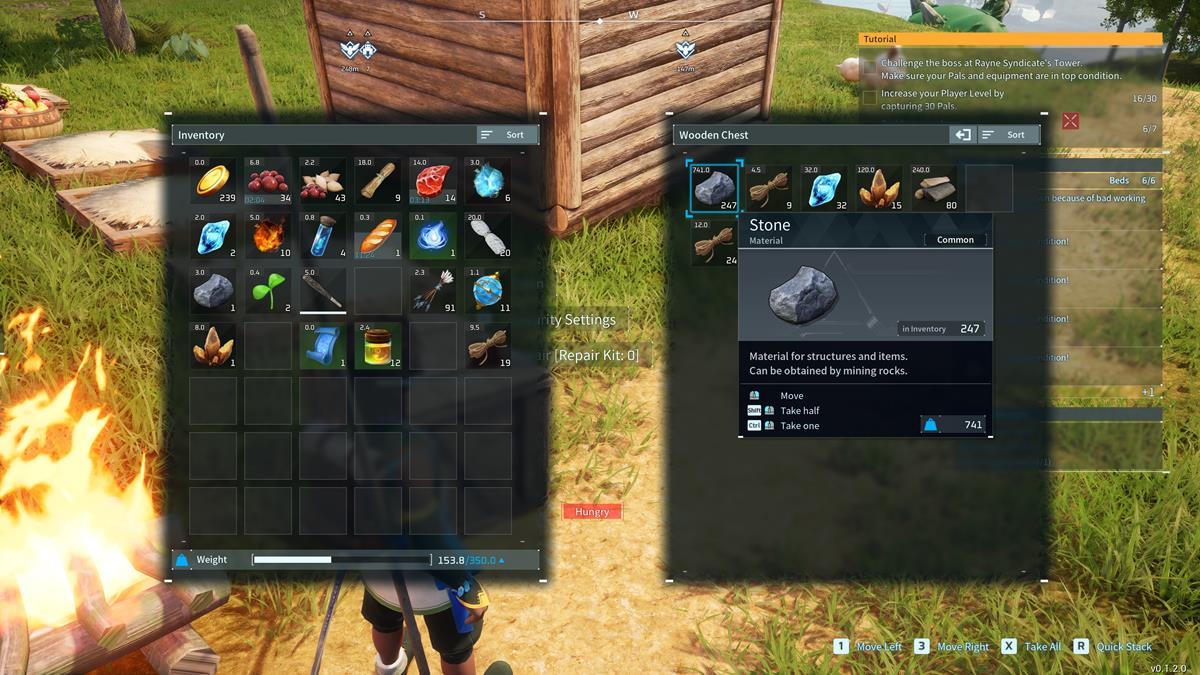 Palworld inventory screen and items being split next to a fire.