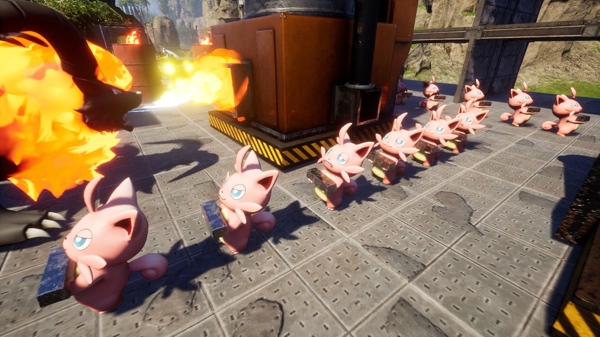 Pink pals carry boxes near a forge in Palworld.