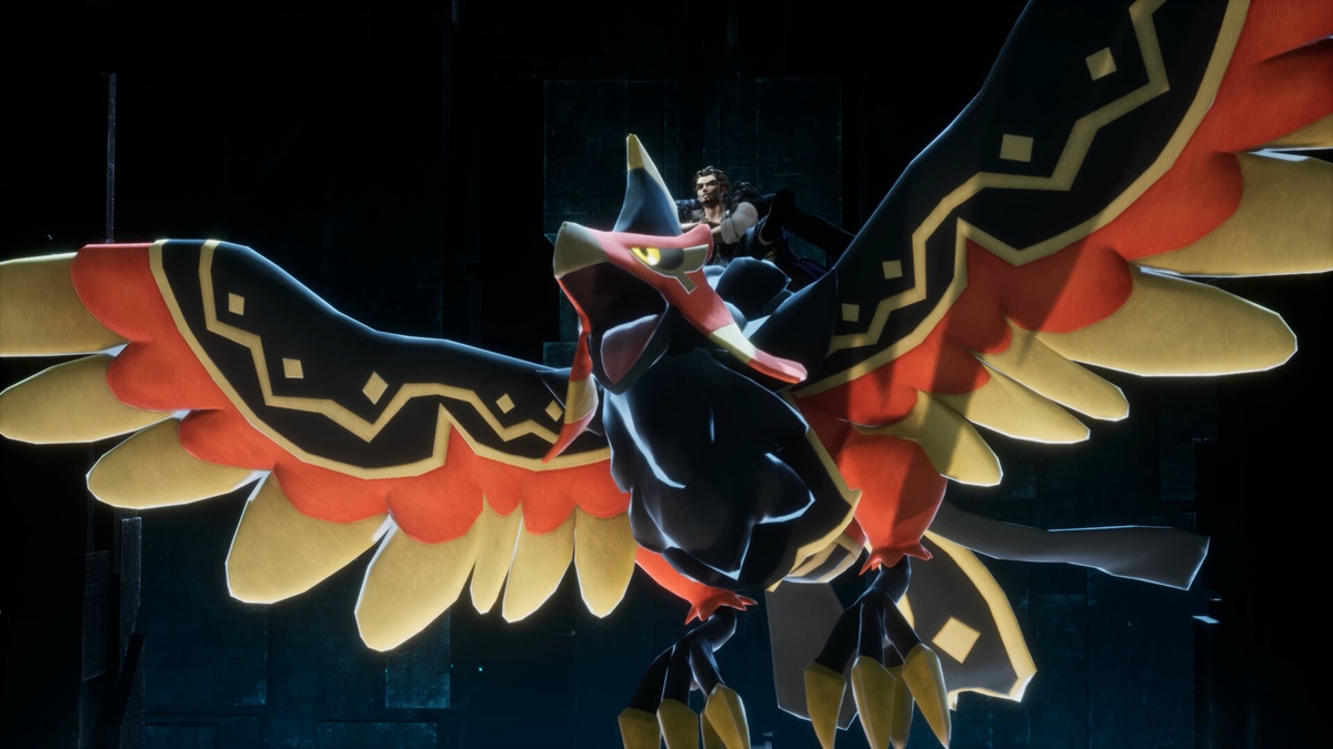 Palworld character riding a red, black, and gold flying bird mount.