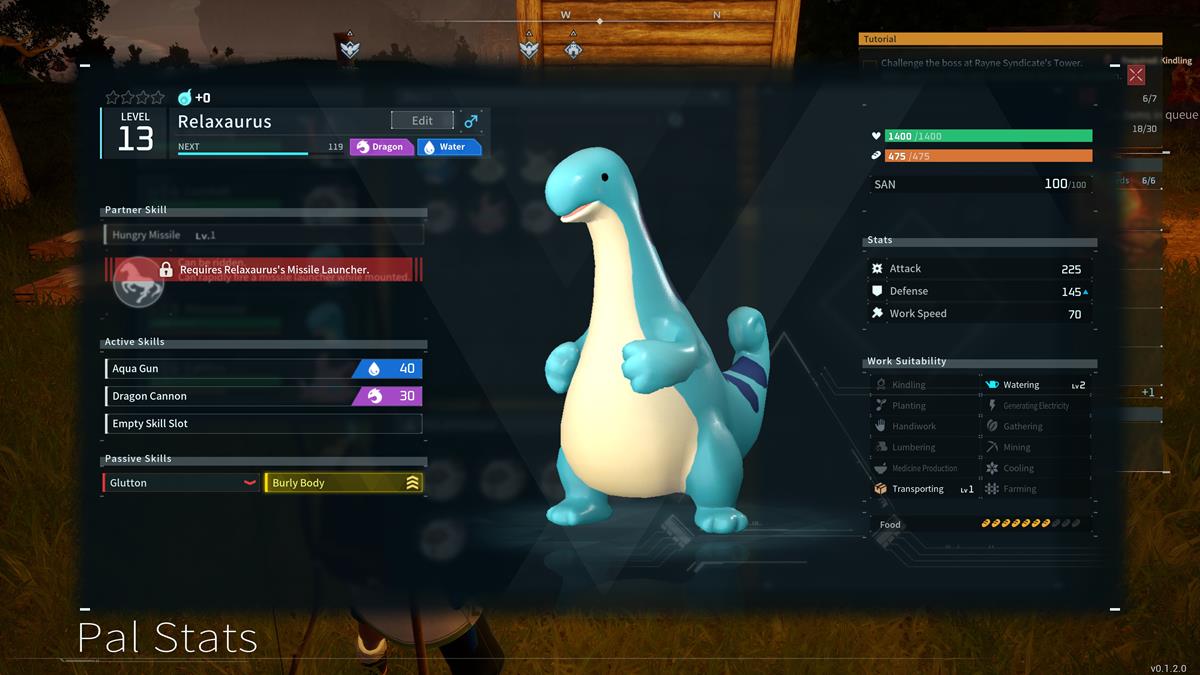 A screen showing the work suitability  for a Relaxaurus Pal in Palworld.