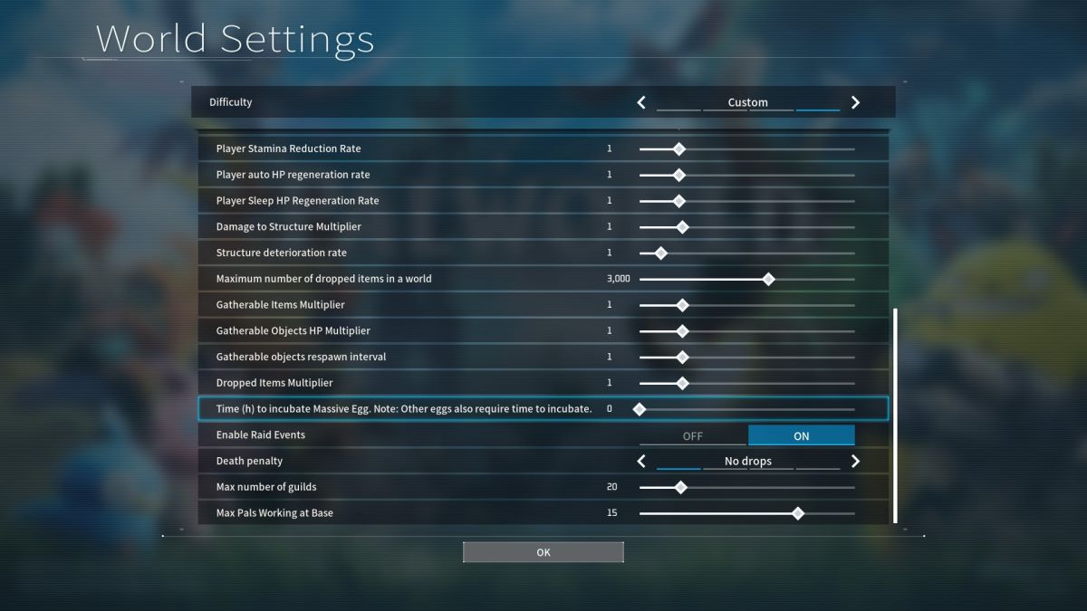 The world settings menu in Palword