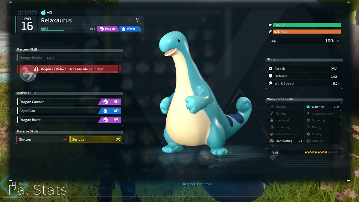Stats from a hatched Relaxaurus in Palworld
