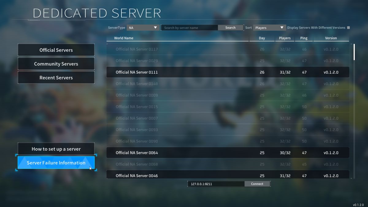 The server selection menu in Palworld