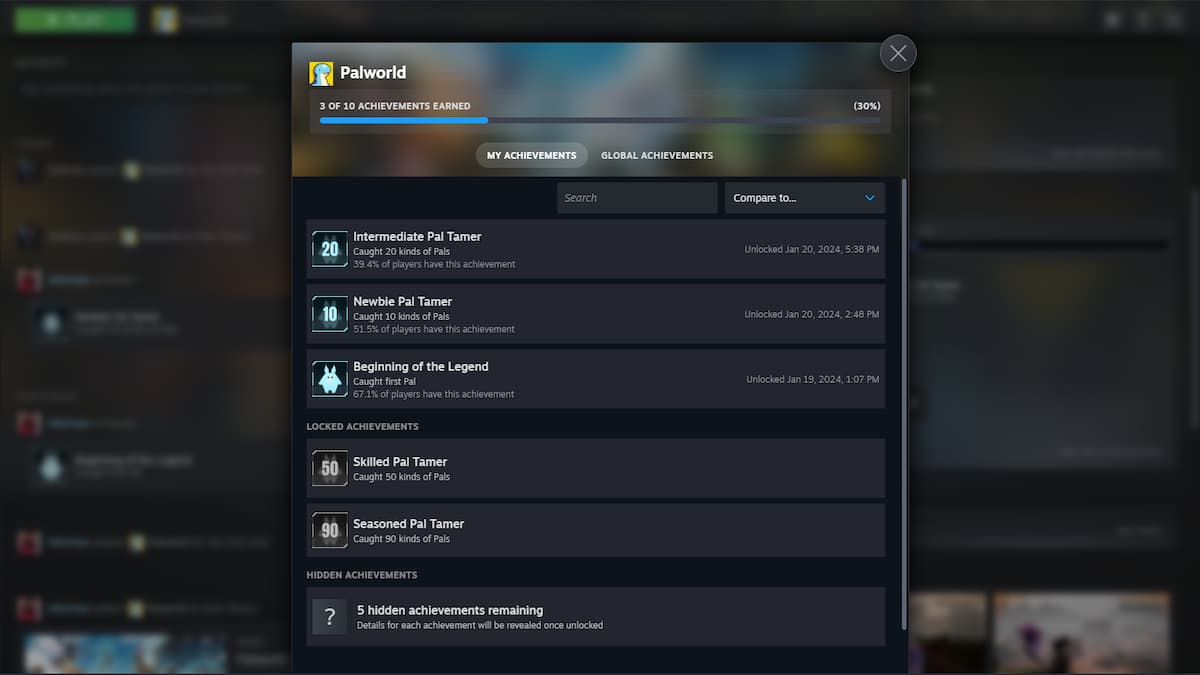 Palworld Steam achievements list.