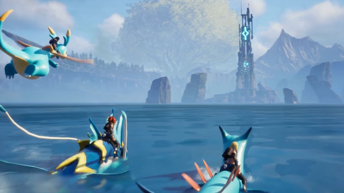 Players ride on Pals through the water in Palworld