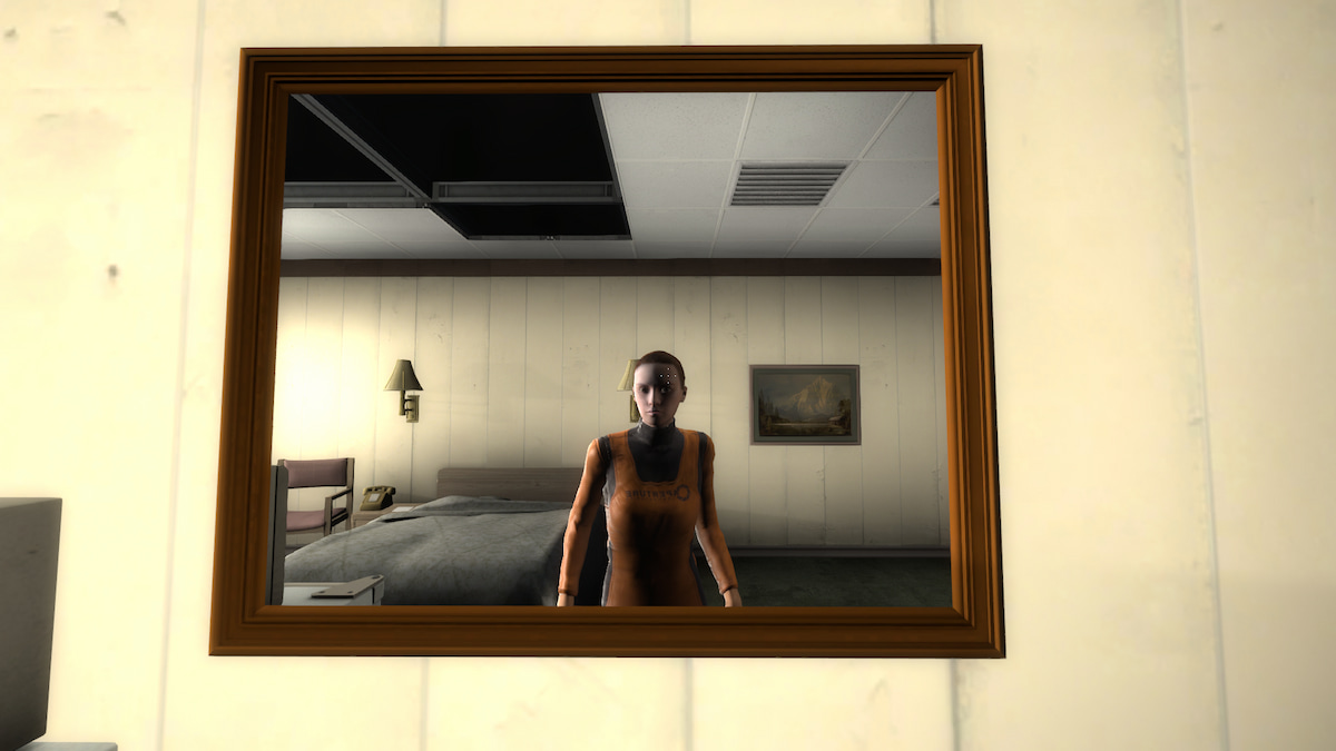 Main character of Portal Revolution looking into mirror.