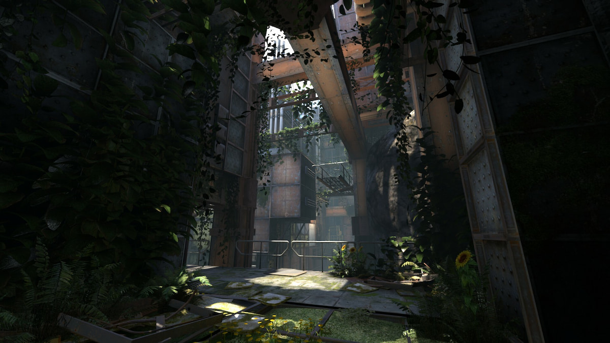portal revolution level in an overgrown abandoned facility