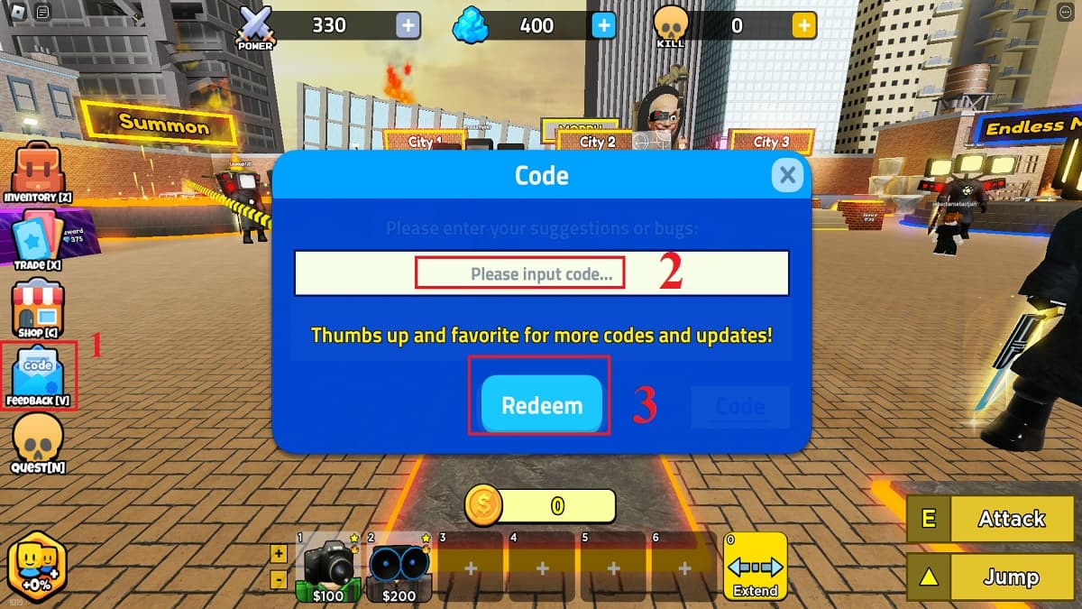 Code redemption menu Titan Wars Tower Defense