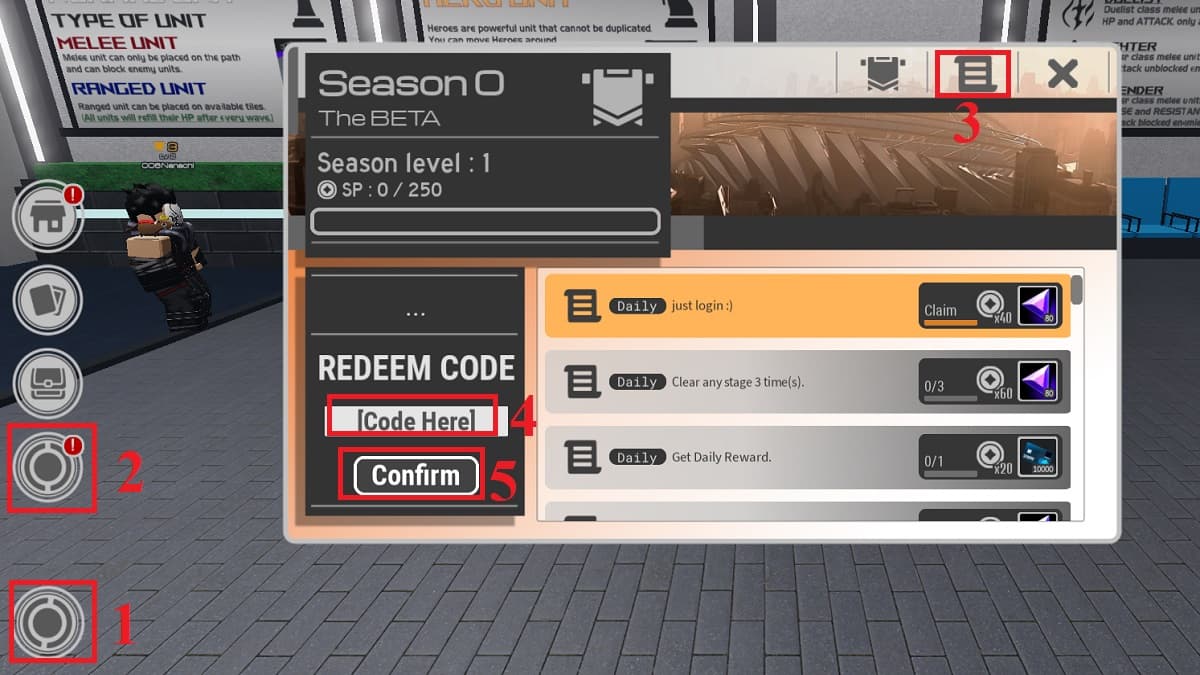 Code Menu in Tower Defense Rise