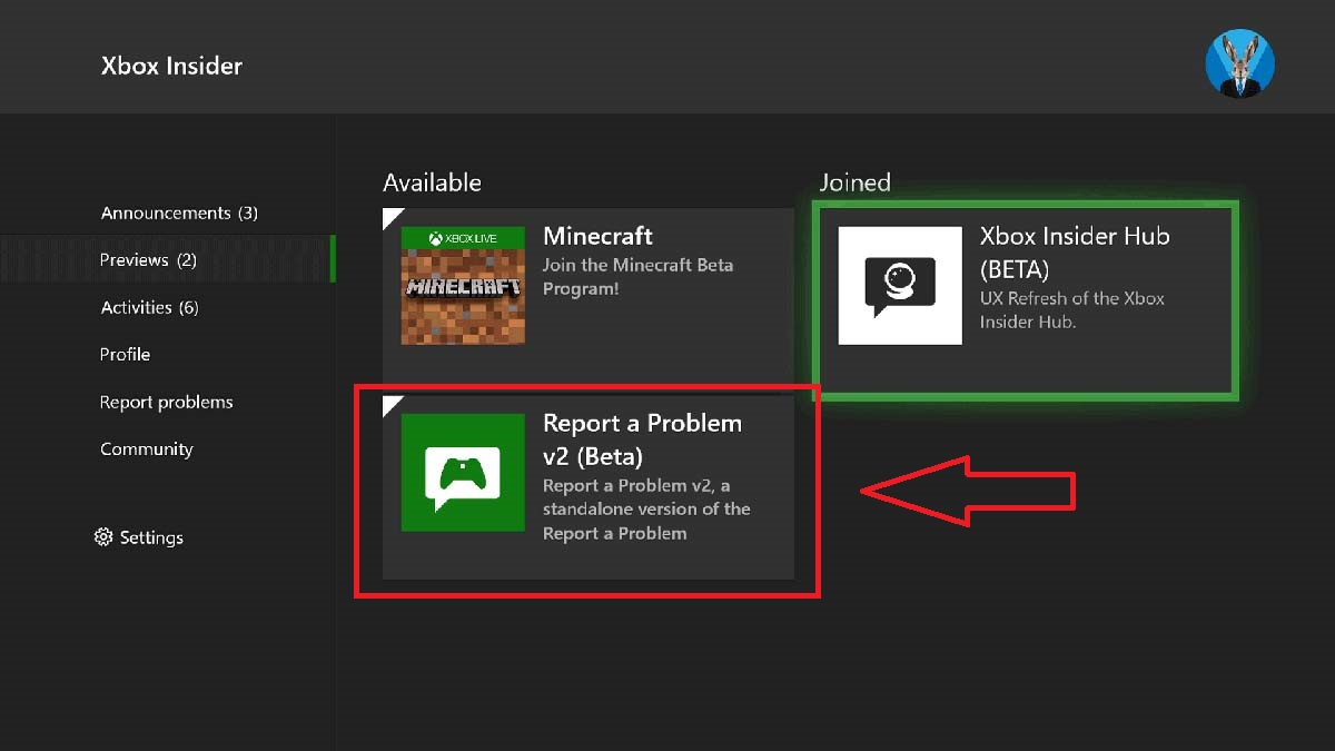 A screen of the Report a Problem app on Xbox