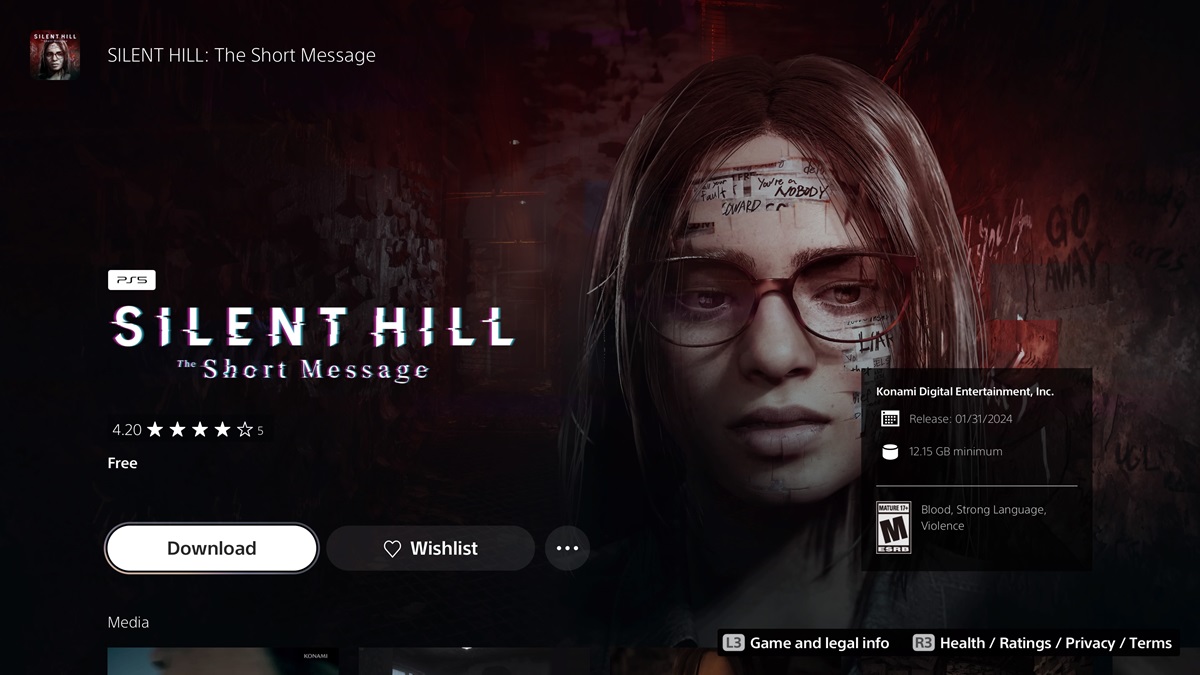 The PS5 store page for Silent Hill: The Short Message with download buttons and size. 