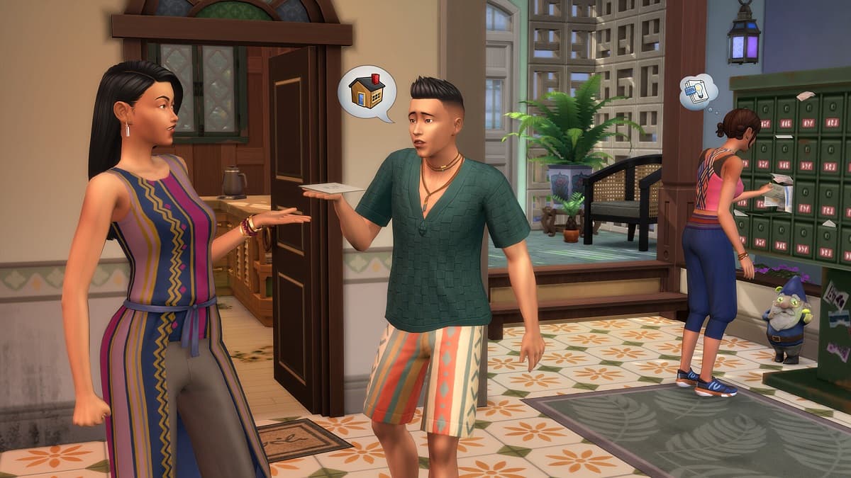 Sims getting mail in the lobby of an apartment