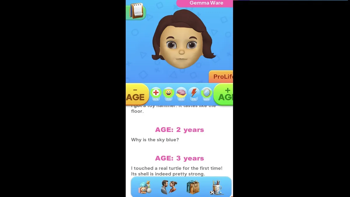 Primary aging screen for story life simulator