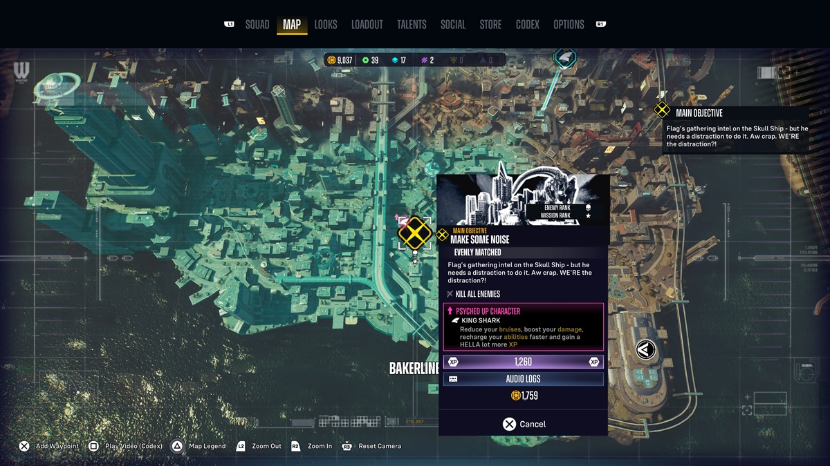 The Suicide Squad: Kill the Justice League in-game map showing a top-down Metropolis view and quest rewards.