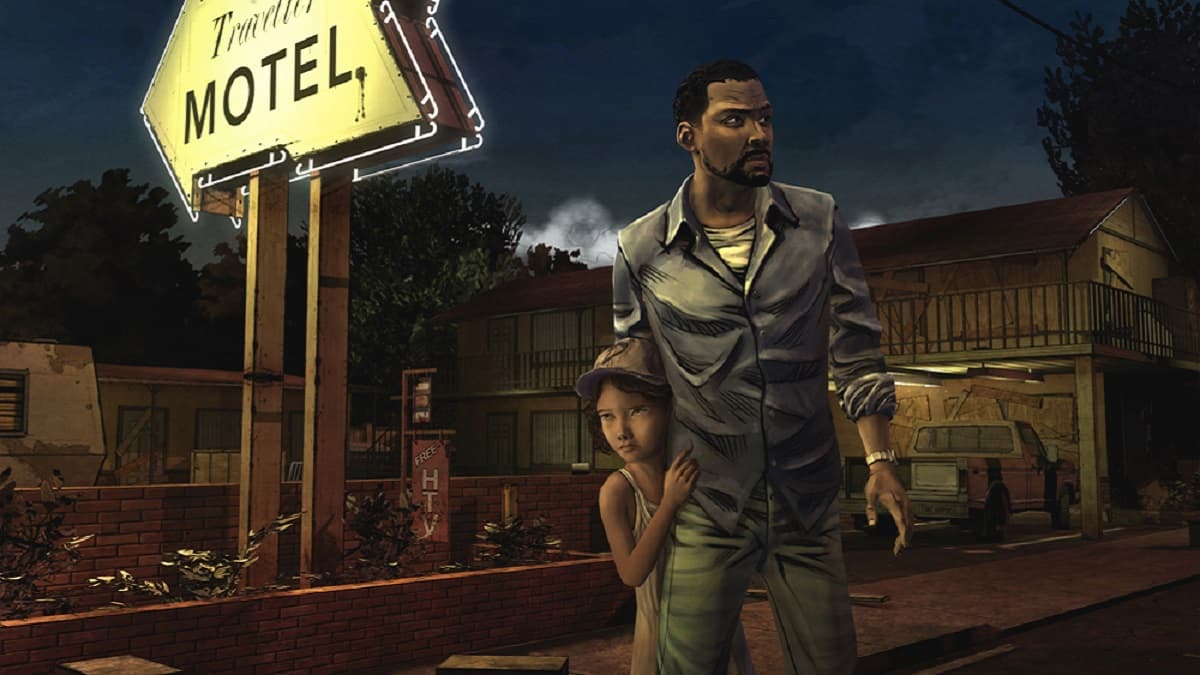 Lee and Clementine in front of a motel sign