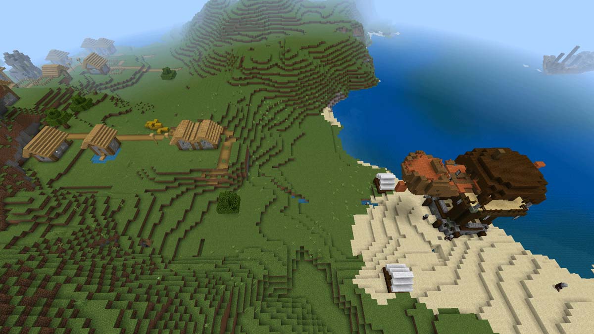 Village with pillager outpost and shipwreck in Minecraft