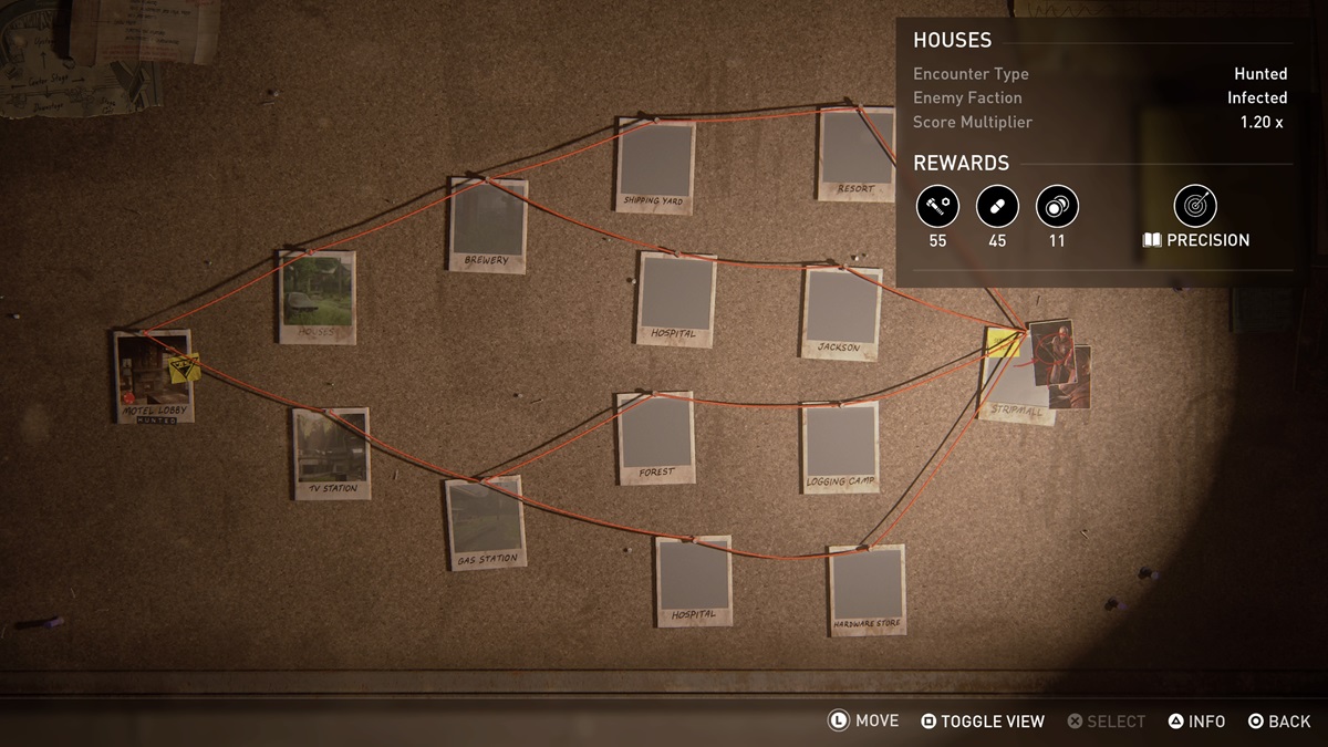 The level board in the hub of TLoU2's No Return roguelike mode.