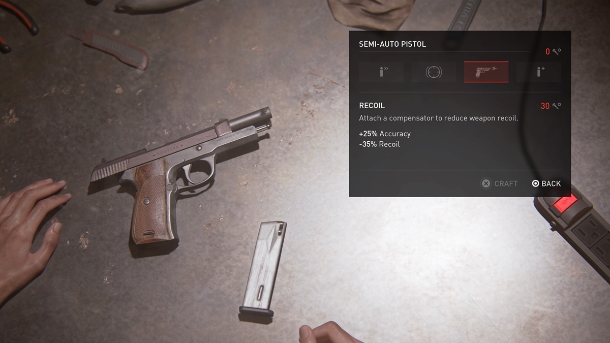 A handgun lying on a workbench with the magazine out to upgrade in TLoU2 No Return.