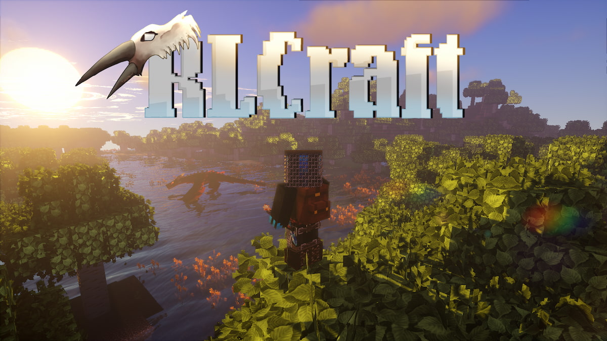 A player standing on a tree and looking at a dragon in the water from the RLCraft modpack.