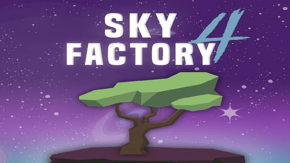 An image of a tree on a floating rock used on the start screen for the Sky Factory 4 modpack.