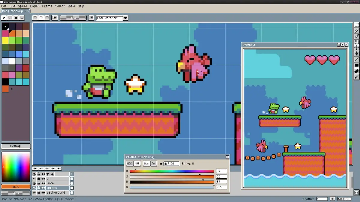 A promo image for Aesprite, showing cute sprites of a small alligator and a bird.
