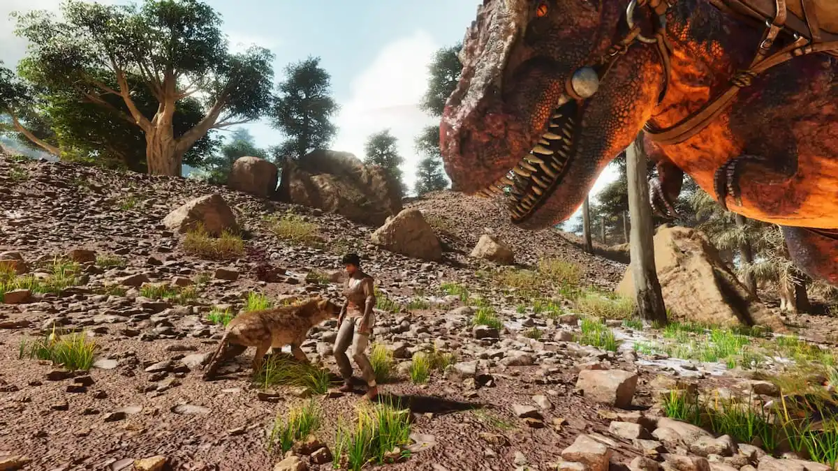 tamed t rex looking at a player in ark survival ascended