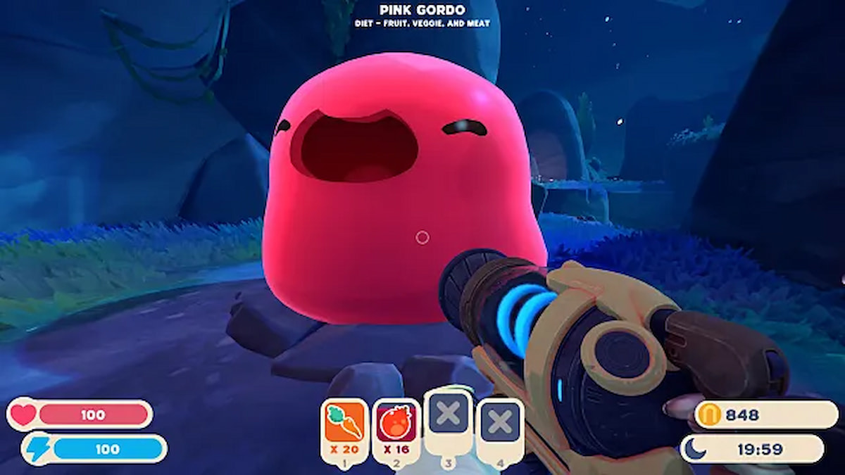 slime rancher 2 player looking at a red slime that is smiling