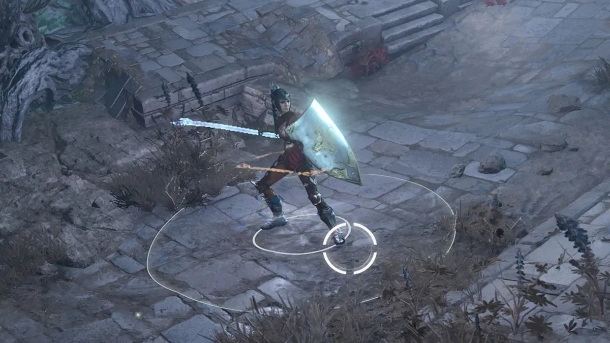 shadowheart in baldurs gate 3 standing in a field of stone wielding a shield and an upraised staff