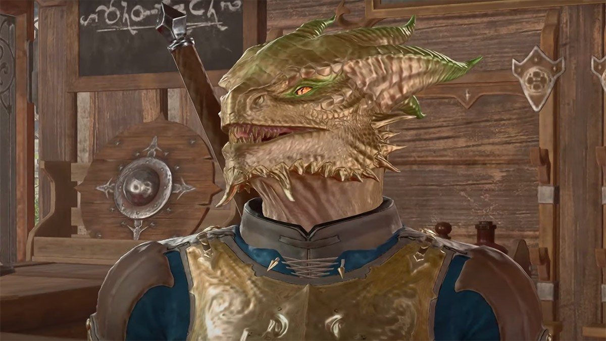 a humanoid draconic lizard-like creature with brass scales in baldurs gate 3
