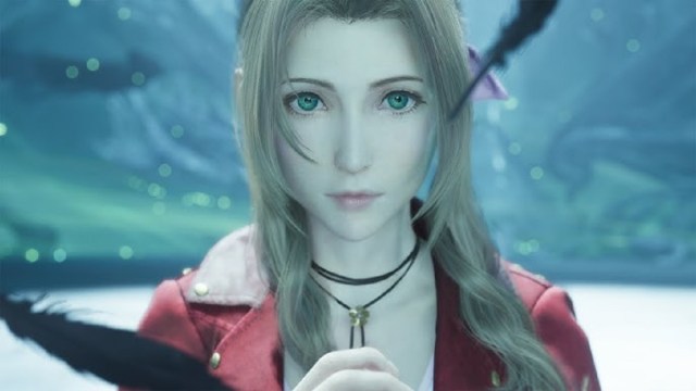 Aerith looking at the camera with black feathers around her