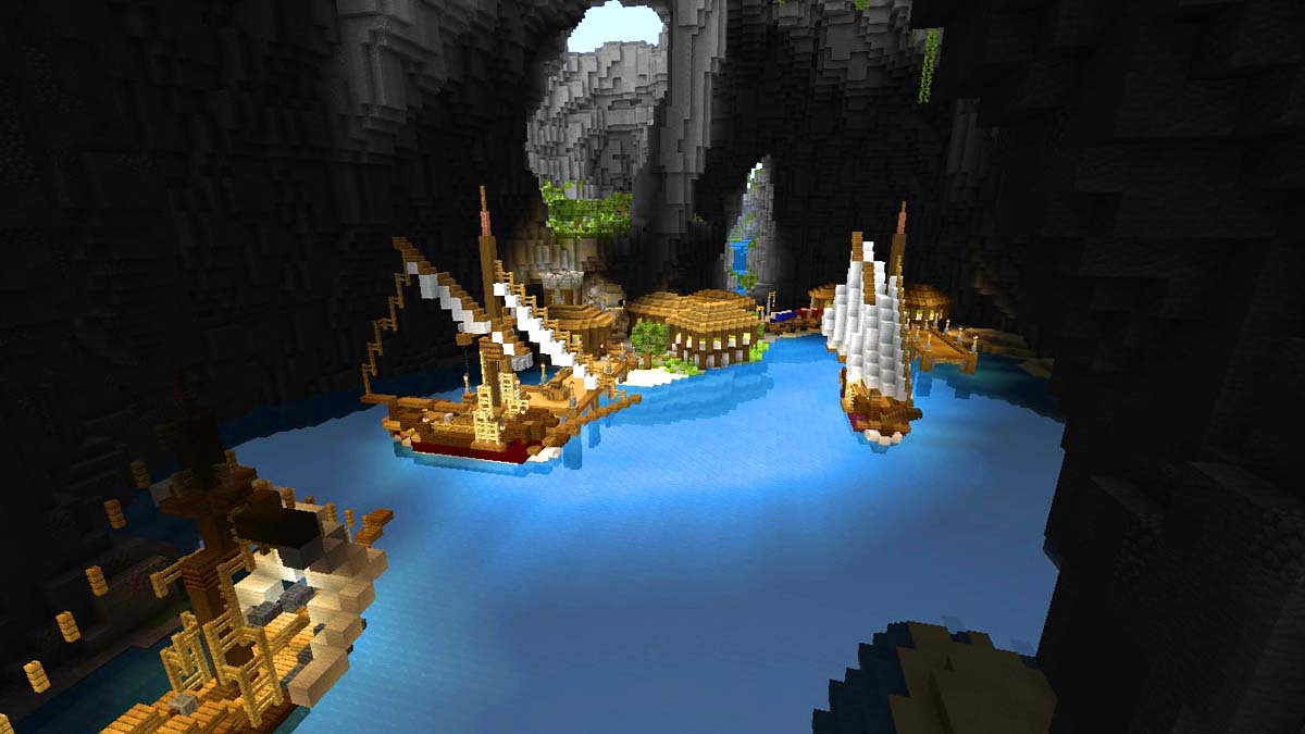Pirate ships inside the cave in Minecraft