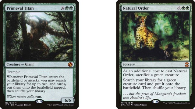 Primeval Titan and Natural Order cards from MtG