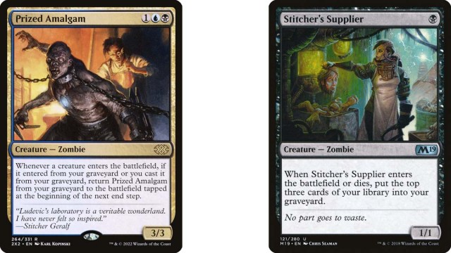 Prized Amalgam and Stitcher's Supplier cards from MtG