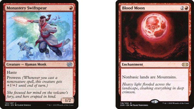 Monsatery Swiftspear and Blood Moon cards from MtG