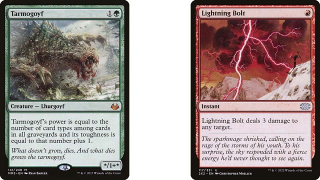 Tarmogoyf and Lightning Bolt cards from MtG