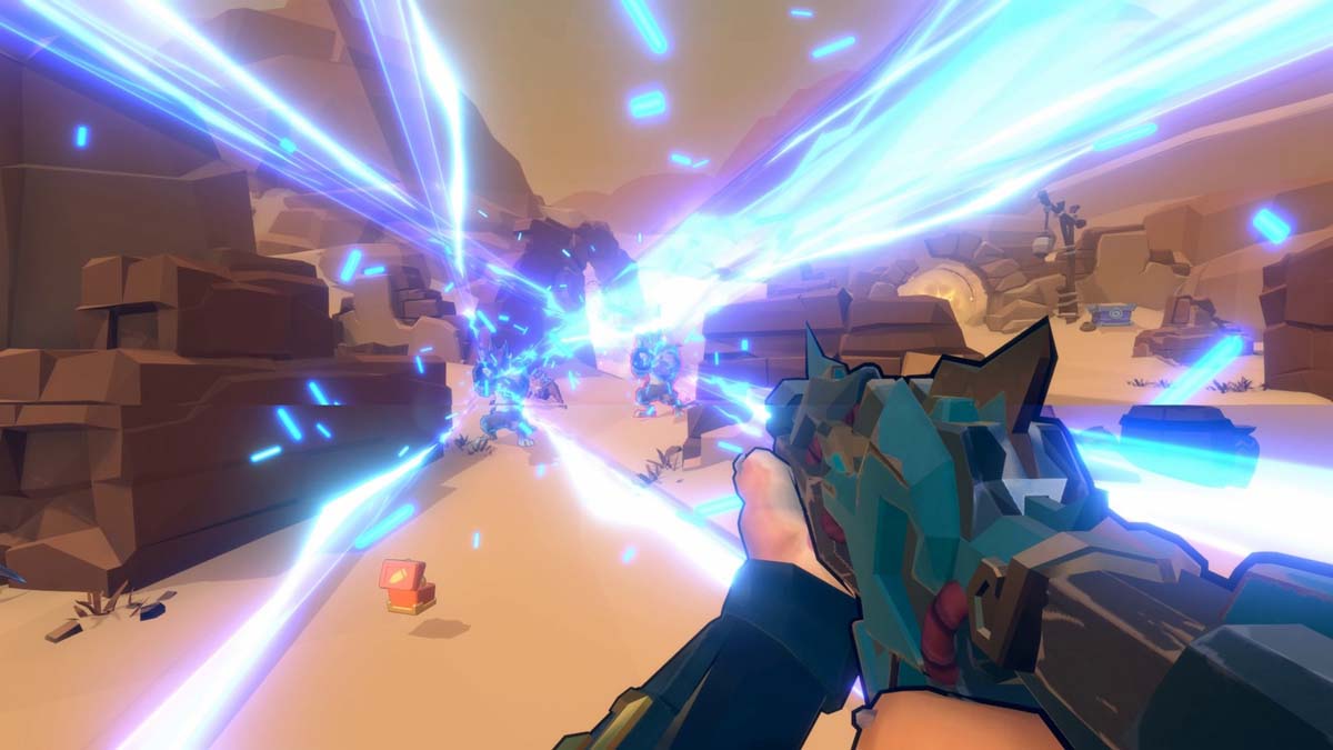 Enemies shoot laser projectiles at an armed player in Gunfire Reborn