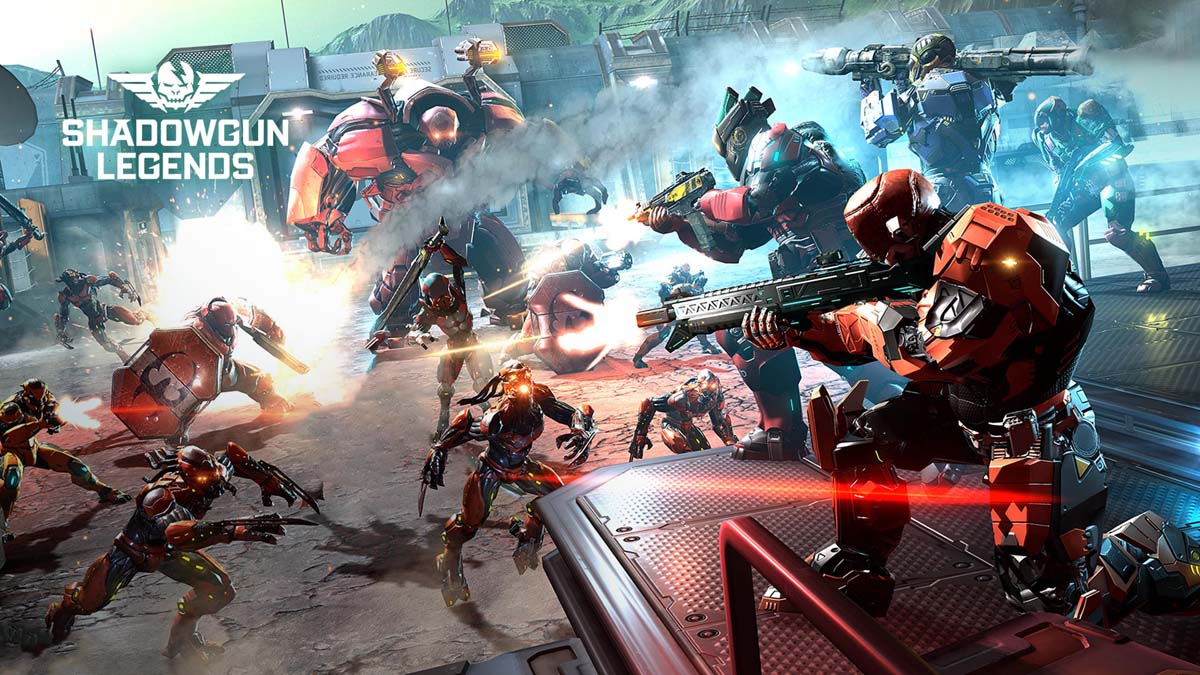 A group of armed player shoots a group of enemies in Shadowgun Legends