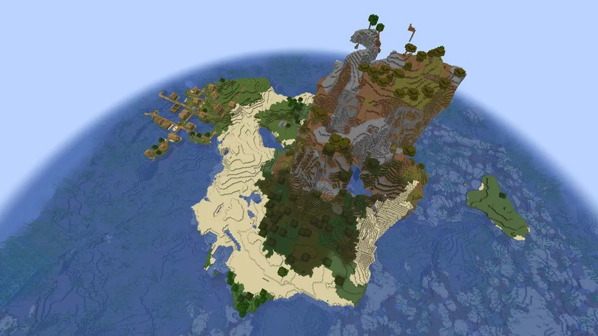 Village and hillside on a survival island in Minecraft